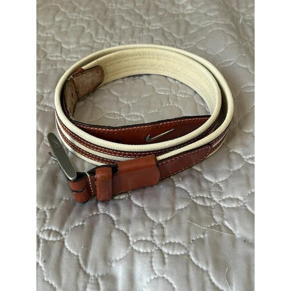 Nike Golf men’s two-tone brown leather and beige canvas belt size 36